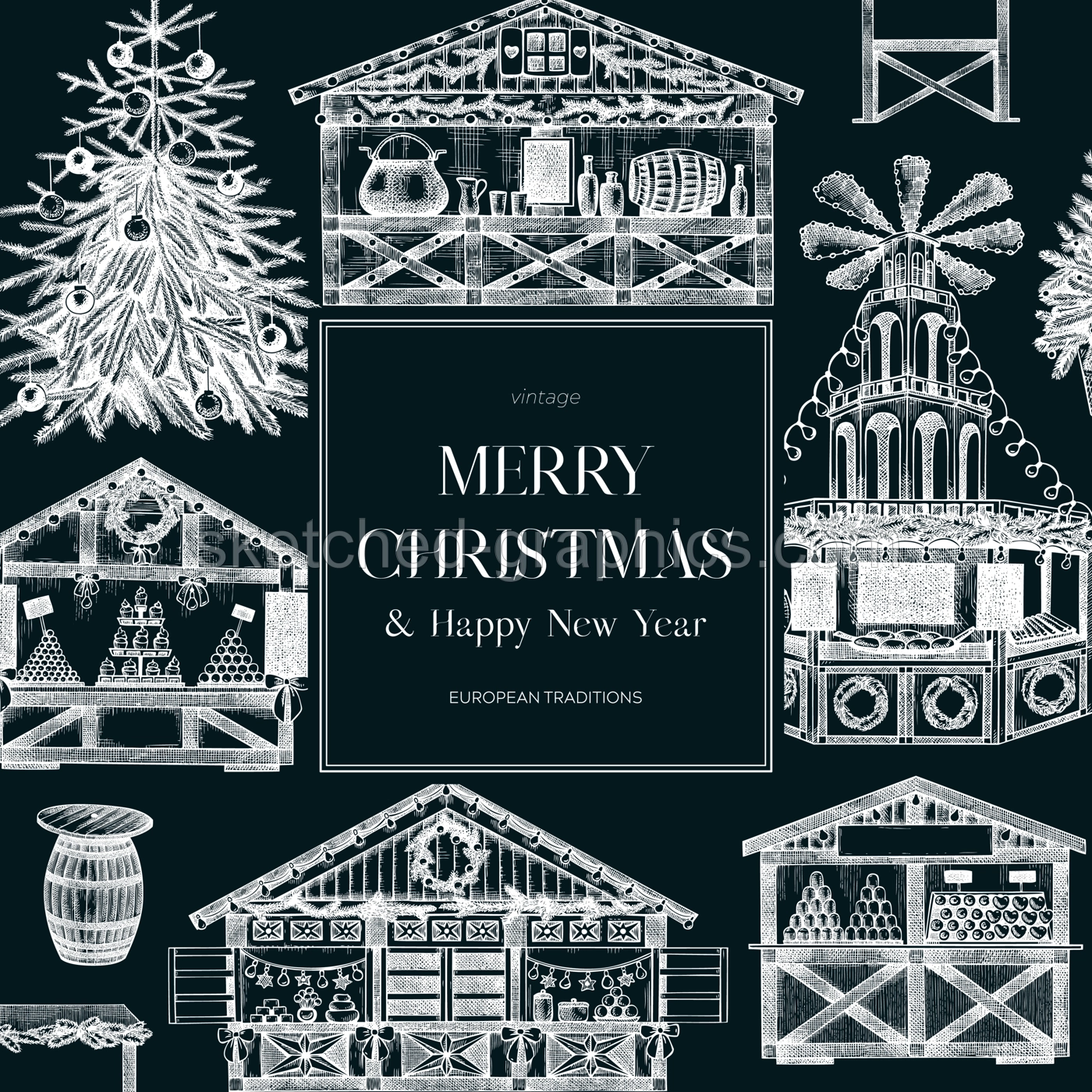 Christmas card template. Traditional European architecture on chalkboard. Christmas market with souvenir stalls, Christmas tree, fast food, candy shops sketches. Winter holidays fair background.  Illustration
